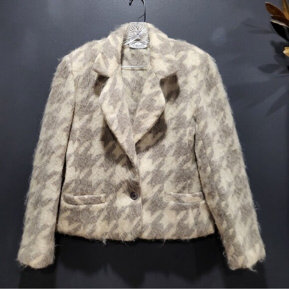GIVENCHY Sport Signature Collection Wool/Mohair Houndstooth Nuetral Blazer Sz 14 - Picture 1 of 10